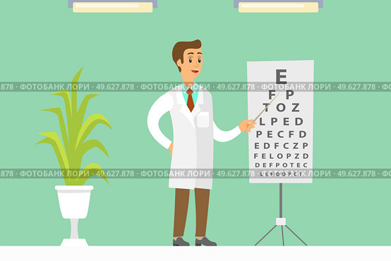 Optometrist points to the table for testing visual acuity. A doctor in a white coat checks the patient s vision in medical clinic. A man stands with a pointer in his hand. Snellen chart near the man. Optometrist points to the table for testing visual acuity. A doctor checks the patient s vision. Стоковая иллюстрация, агентство Ingram Publishing / Фотобанк Лори