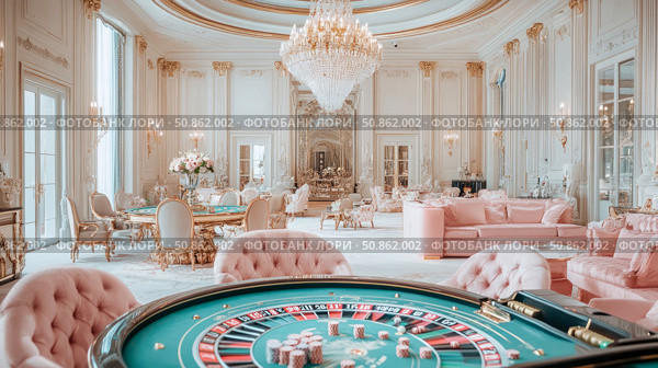 Opulent room with roulette table, lavish chandelier, luxurious furniture. Стоковое AI-изображение, AI-художник Данила Большаков / Фотобанк Лори