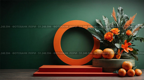 Orange and green autumn podium with flowers and citrus decor. Стоковое AI-изображение, AI-художник Лариса Пономарева / Фотобанк Лори