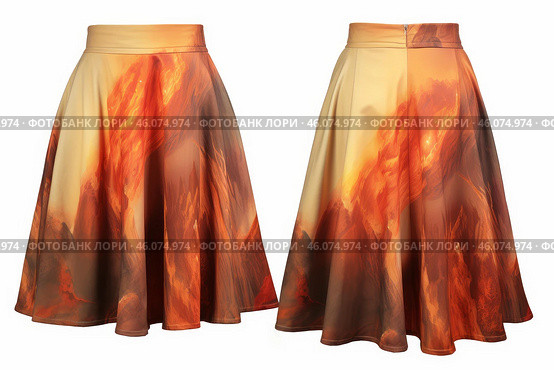 Orange and yellow mountain printed flared midi skirt isolated on white background, front and back view. Стоковое AI-изображение, AI-художник Иван Рябоконь / Фотобанк Лори