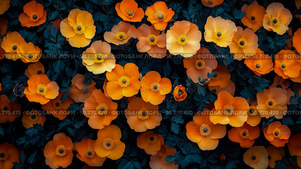 Orange Blooms: A Rich Tapestry of Flowers. Стоковое AI-изображение, AI-художник Данила Большаков / Фотобанк Лори