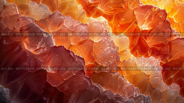 Orange, crimson and yellow carnelian surface with crystals as background for prints. Narrow banner. Looking like hard candy. Стоковое AI-изображение, AI-художник Катерина Ковалева / Фотобанк Лори
