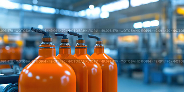 Orange gas tanks. Bundle of gas cylinder and high pressure gauges, meter, valve. Many argon cylinders with compressed oxygen for industry, welding. Fuel manufacturing. Liquefied gas production factory. Стоковое AI-изображение, AI-художник Марина Демидюк / Фотобанк Лори