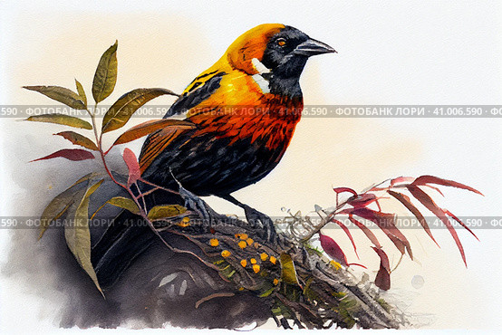 Orange jackdaw, watercolor, watercolor style, Generative AI. Стоковое AI-изображение, AI-художник Анна Кривицкая / Фотобанк Лори