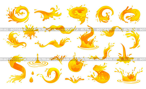 Orange juice splash, mango splashes. Orange soda spill, dripping water. Vector illustration set. Fresh pineapple juice logo. Papaya splash river. Realistic orange splashes spray on white background. Orange juice splash, mango splashes. Orange soda spill, dripping water.Fresh pineapple juice logo. Papaya splash river. Стоковая иллюстрация, агентство Ingram Publishing / Фотобанк Лори