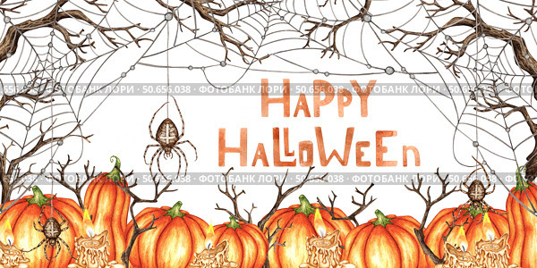 Orange pumpkins web and dry branches banner watercolor. Стоковая иллюстрация, иллюстратор Андрей Золотарев / Фотобанк Лори