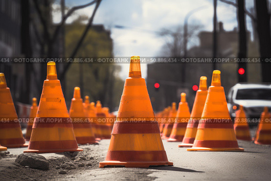 Orange traffic cones signifying road closure and diversion. Стоковое AI-изображение, AI-художник Иван Рябоконь / Фотобанк Лори