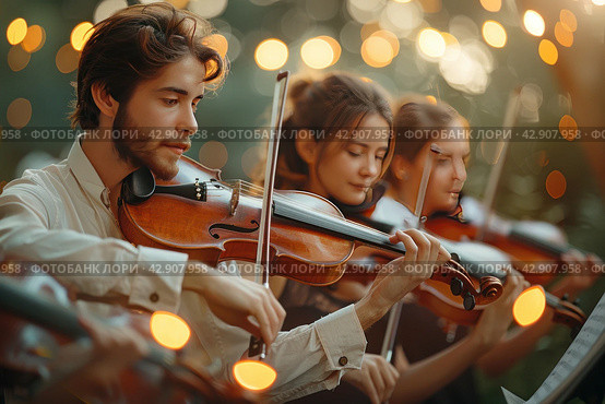 Orchestra with violins in the garden. Стоковое AI-изображение, AI-художник Анна Кривицкая / Фотобанк Лори