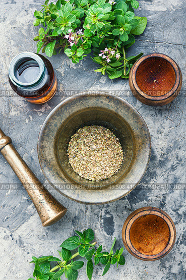 Oregano or marjoram leaves in mortar.Bunch healing herbs.Flat lay. Fresh and dried oregano herb. Стоковое фото, агентство Ingram Publishing / Фотобанк Лори