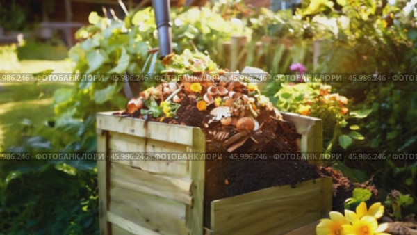 Organic waste, including leaves and grass clippings, is added into a compost pit, promoting eco-friendly recycling and composting of biodegradable materials. Стоковое AI-видео, аниматор ALLA YURTAYEVA / Фотобанк Лори