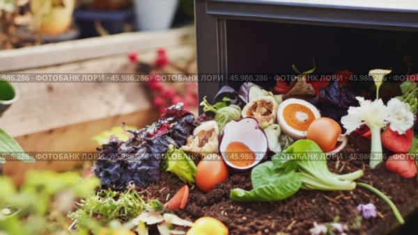 Organic waste, including leaves and grass clippings, is added into a compost pit, promoting eco-friendly recycling and composting of biodegradable materials. Стоковое AI-видео, аниматор ALLA YURTAYEVA / Фотобанк Лори