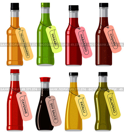 Oriental sauce kinds in glass transparent bottles on white. Bottles of yellow and red habanero, green wasabi, brown chipotle, ruddy cayenne, soy sauce, yellow fatalii and green jalapeno vector set. Oriental Sauce Kinds in Glass Transparent Bottles. Стоковая иллюстрация, агентство Ingram Publishing / Фотобанк Лори