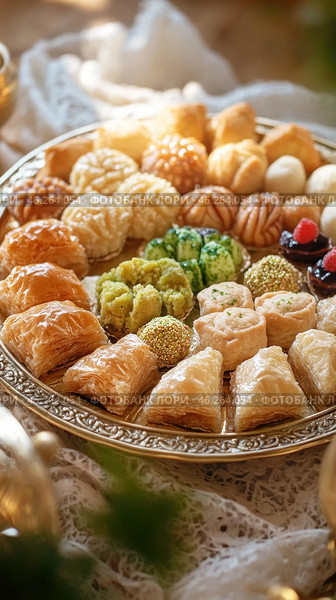 Oriental tray displaying baklava, maamoul, and other delectable middle eastern pastries. Стоковое AI-изображение, AI-художник Юрий Поздников / Фотобанк Лори