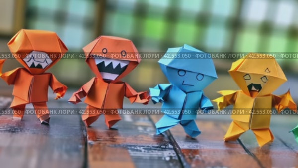 Origami monsters in a fun sharing gesture at art event. Стоковое AI-видео, аниматор Юрий Поздников / Фотобанк Лори
