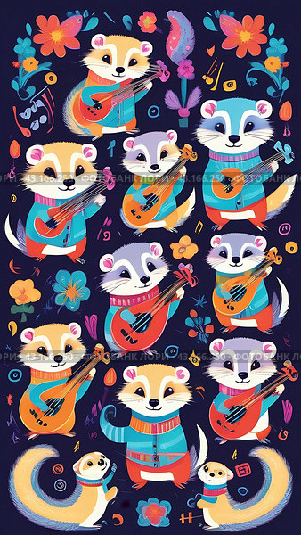 Оркестр хорьков на струнных щипковых инструментах.Забавные животные.Ferret orchestra on stringed instruments.Funny animals. Стоковое AI-изображение, AI-художник Галина Беляева / Фотобанк Лори