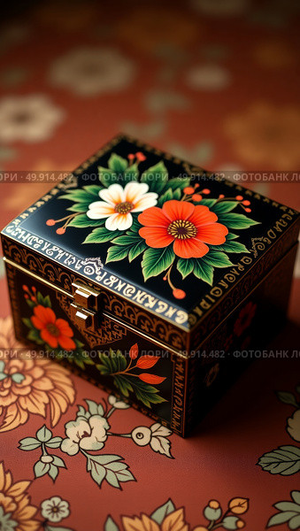 Ornate black lacquered box with vibrant floral designs and gold detailing on richly patterned fabric background. Стоковое AI-изображение, AI-художник Андрей Бакусов / Фотобанк Лори