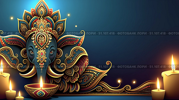 Ornate Ganesha with Diya lamp for Diwali celebration. Стоковое AI-изображение, AI-художник Лариса Пономарева / Фотобанк Лори