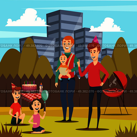Orthogonal composition with happy fathers and kids including infant at bbq party during parental leave vector illustration . Fathers And Kids Orthogonal Composition. Стоковая иллюстрация, агентство Ingram Publishing / Фотобанк Лори