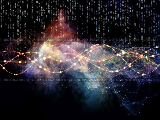 Oscillating sine waves, numbers, lights and network nodes backdrop on the subject of networking and information technology. Стоковое фото, агентство Ingram Publishing / Фотобанк Лори