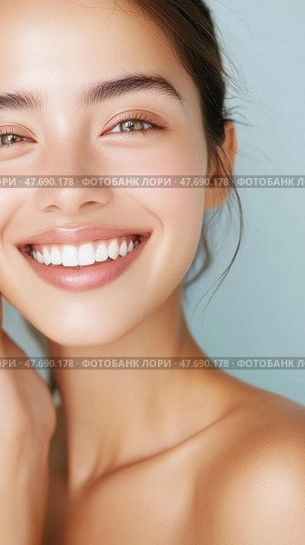 Ослепительно улыбающаяся женщина с безупречной кожей и естественным макияжем. Стоковое AI-изображение, AI-художник ФотоИнтеллект / Фотобанк Лори