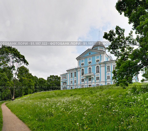 Особняк Воронцова (усадьба Новознаменка, Санкт-Петербург), сине-белый дворец в стиле барокко работы Трезини и Ринальди, летний вид с зелёным лугом. Стоковое фото, фотограф Елена  Попкова / Фотобанк Лори
