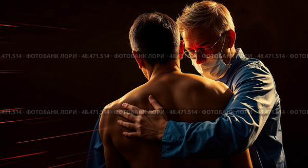 Остеопат проводит лечение мужчины. Черный фон. An osteopath treats a man. Black background. Стоковое AI-изображение, AI-художник Смирнова Светлана / Фотобанк Лори