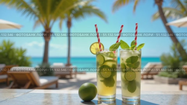 Освежающие коктейли с лаймом и мятой на пляжном столике / Refreshing cocktails with lime and mint on a beachside table. Стоковое AI-видео, аниматор DeFusum / Фотобанк Лори