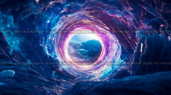 Otherworldly gateway to mountains with luminous circle, concept for portal or abstract dreamscape. Стоковое AI-изображение, AI-художник Данила Большаков / Фотобанк Лори