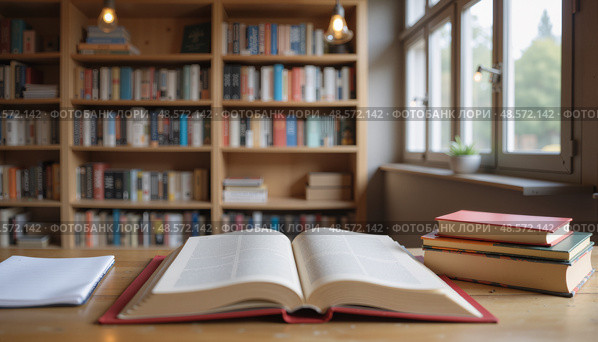 Открытая книга на столе с учебниками в уютной библиотеке. Стоковое AI-изображение, AI-художник Валерий Лукин / Фотобанк Лори