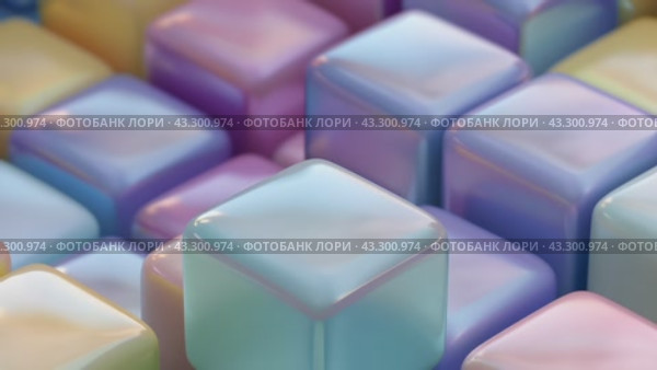 Открывающий вид движением вниз на объемные гладкие жемчужные кубы разных цветов нежных оттенков. Фоновое. Стоковое AI-видео, аниматор Sergei Gorin / Фотобанк Лори