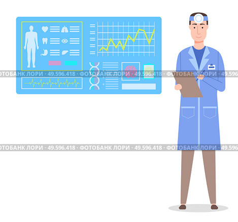 Otolaryngologist with clipboard. Medical scanning of body. Board with information, health condition, cardiogram, brain, heart, lungs, teeth, eyes, stomach liver Doctor physician therapist portrait. Otolaryngologist with clipboard medical scanning of body, board with information of health condition. Стоковая иллюстрация, агентство Ingram Publishing / Фотобанк Лори