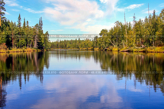 Отражение голубого неба с белыми облаками в воде реки Тумба. Стоковое фото, фотограф Жигалов Евгений Павлович / Фотобанк Лори