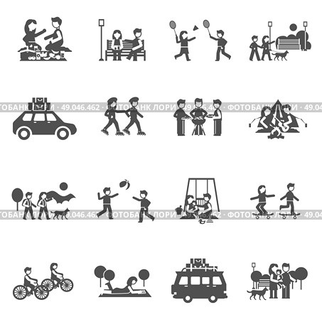 Outing black icons set with parents and kids playing outdoors isolated vector illustration. Outing Icons Set. Стоковая иллюстрация, агентство Ingram Publishing / Фотобанк Лори