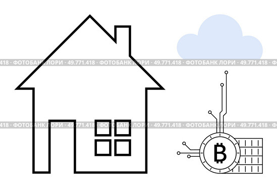 Outline of a house, cloud icon with a Bitcoin symbol circuit. Ideal for real estate, blockchain technology, digital finance, cryptocurrency, smart homes. Simplistic modern vector style. House and Bitcoin Technology with Cloud - Real Estate and Blockchain Concept. Стоковая иллюстрация, агентство Ingram Publishing / Фотобанк Лори