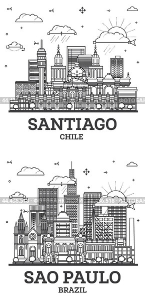 Outline Sao Paulo Brazil and Santiago Chile City Skyline set. Стоковая иллюстрация, иллюстратор Игорь Сорокин / Фотобанк Лори