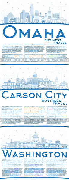 Outline Washington DC, Omaha and Carson City Nevada City Skylines with Blue Buildings and Copy Space. Стоковая иллюстрация, иллюстратор Игорь Сорокин / Фотобанк Лори