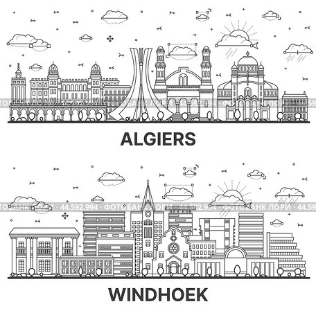 Outline Windhoek Namibia and Algiers Algeria city skyline set with modern and historic buildings isolated on white. Cityscape with landmarks. Стоковая иллюстрация, иллюстратор Игорь Сорокин / Фотобанк Лори