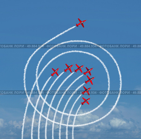 Outperform the market business concept as a jet airplane running circles around the competition with engine smoke as a success symbol of rising above and dominating others. Стоковое фото, агентство Ingram Publishing / Фотобанк Лори