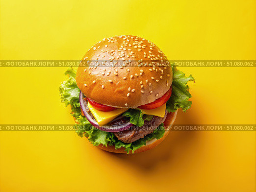 Overhead View of a Delicious Cheeseburger on a Yellow Background. Generative AI. Стоковое AI-изображение, AI-художник Roman Zavorotny / Фотобанк Лори