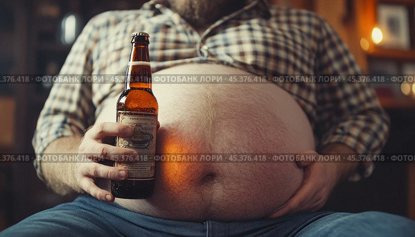 Overweight man holding beer and touching big belly. Стоковое AI-изображение, AI-художник Юрий Поздников / Фотобанк Лори