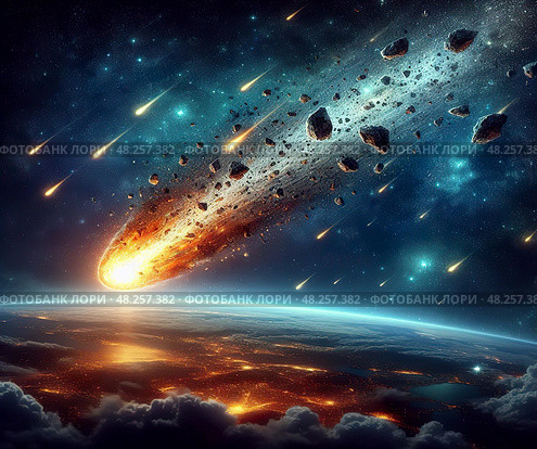 Падение астероида на поверхность планеты. Стоковое AI-изображение, AI-художник Сергей Куров / Фотобанк Лори