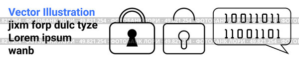 Padlock icons, one locked and one unlocked, next to binary code in speech bubble. Ideal for cybersecurity, privacy, data protection, encryption, secure communication, information security and tech. Padlock Icons Illustrating Data Security Concept with Binary Code Speech Bubble. Стоковая иллюстрация, агентство Ingram Publishing / Фотобанк Лори