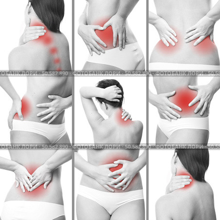 Pain in a woman’s body. Isolated on white background. Collage of several photos. Стоковое фото, агентство Ingram Publishing / Фотобанк Лори