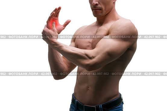 Pain in hand, carpal tunnel syndrome, muscular male body, studio isolated shot on white background. Стоковое фото, фотограф Станислав Тарко / Фотобанк Лори