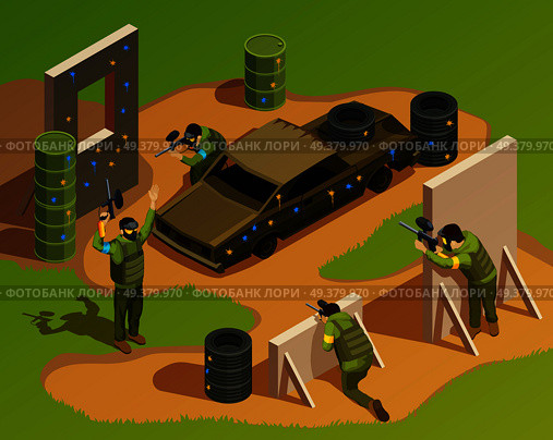 Paintball isometric composition with playground landscape fighter characters artificial barriers burned-out car and other debris vector illustration. Outdoor Paintball Isometric Composition. Стоковая иллюстрация, агентство Ingram Publishing / Фотобанк Лори