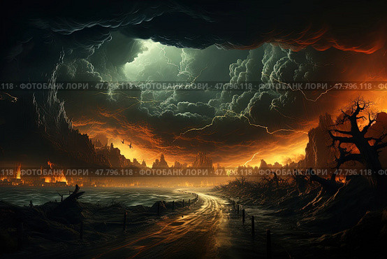 Painting depicting dark and stormy landscape with turbulent clouds, lightning strikes, and a rugged terrain. Scene evokes a sense of impending weather chaos. Стоковое AI-изображение, AI-художник Данила Большаков / Фотобанк Лори