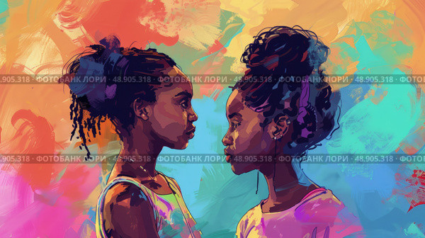 Painting of two African American women standing opposite each other, engaged in eye contact. Стоковое AI-изображение, AI-художник Данила Большаков / Фотобанк Лори