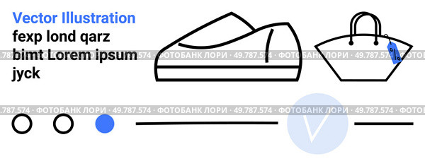 Pair of casual shoes and a handbag, with various UI elements. Ideal for fashion websites, e-commerce, product showcases, design prototypes, clothing apps, minimalist design, retail banners. Landing. Minimalistic Vector Drawing of Casual Shoe and Handbag for Fashion and E-Commerce Websites. Стоковая иллюстрация, агентство Ingram Publishing / Фотобанк Лори