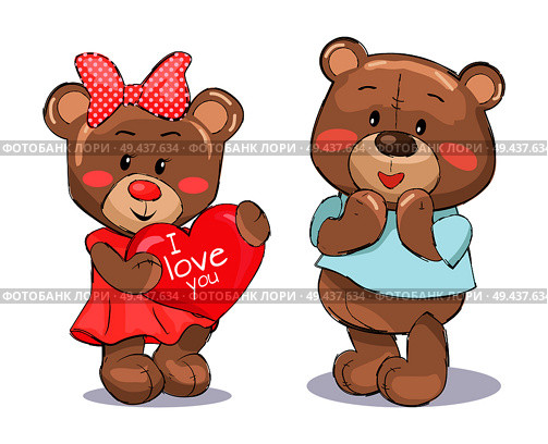 Pair of soft fluffy teddies, female holds heart with text I love you, male little confused, with pink red cheeks vector illustration isolated on white. Pair of Soft Fluffy Teddies Holds Heart with Text. Стоковая иллюстрация, агентство Ingram Publishing / Фотобанк Лори