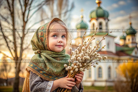 Palm Sunday. Christianity. Portrait of a three-year-old girl in a Russian folk shawl with willow branches in her hands against the background of an Orthodox church. Стоковое AI-изображение, AI-художник Photojuli / Фотобанк Лори